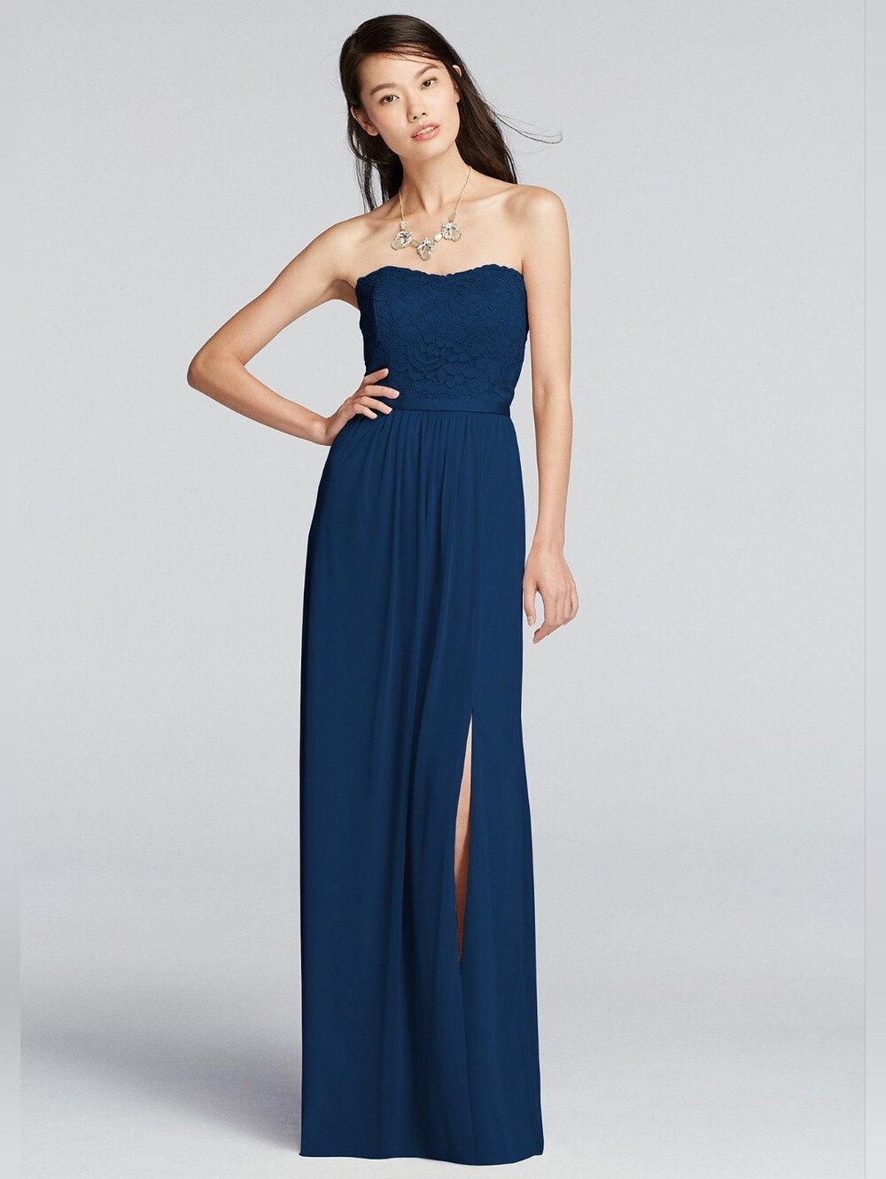 David's Bridal Lace and Mesh Long Strapless Dress STYLE# F18095 Marine Navy Blue